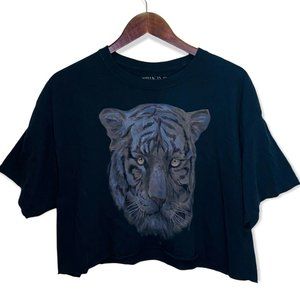 The Vinyl Icons Women's Size Large Tiger Print Short Sleeve Crop Top Solid Black
